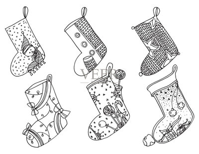 一套圣誕襪。矢量程式化的冬天襪子的集合。一整套裝飾圣誕絲襪。手工繪制的黑色和白色。涂鴉藝術矢量圖素材下載 - Veer圖庫